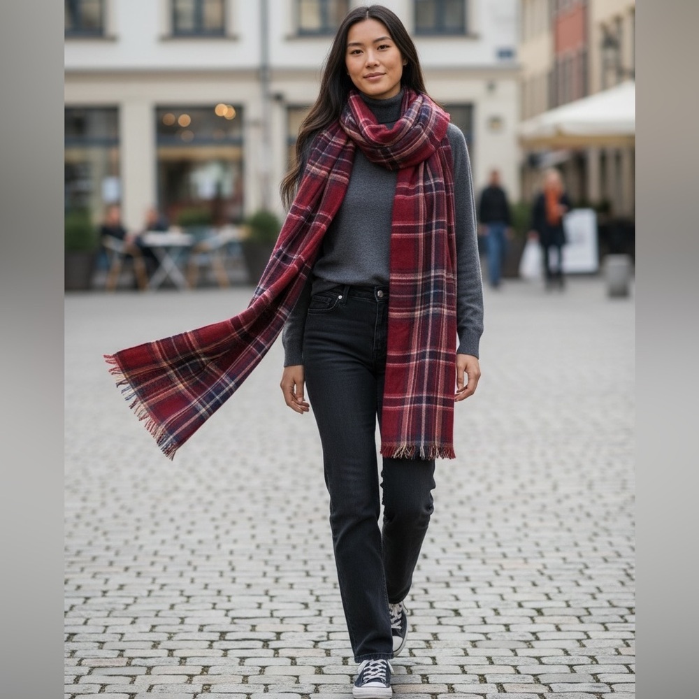 Lucky Brand Red Tartan Plaid 100% Cotton Scarf Lightweight Made in India 27 X 76